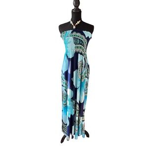 Chesley Strapless Maxi Dress Women's Large Blue Green Paisley Boho Halter Summer